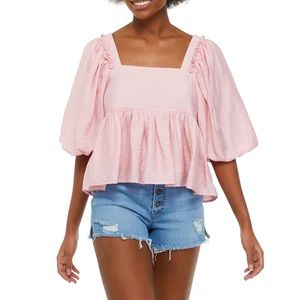 Moon River Balloon Sleeve Woven Ruffle Blouse Top Pink Size Small